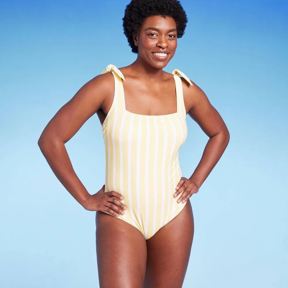 Kona Sol Women's Striped Yellow One Piece Swimsuit - Size M (8-10) - Picture 1 of 7